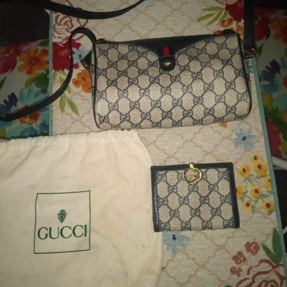 Vintage 1980s Gucci Navy GG Shoulder Bag and Wallet with Clasp, Dust Bag